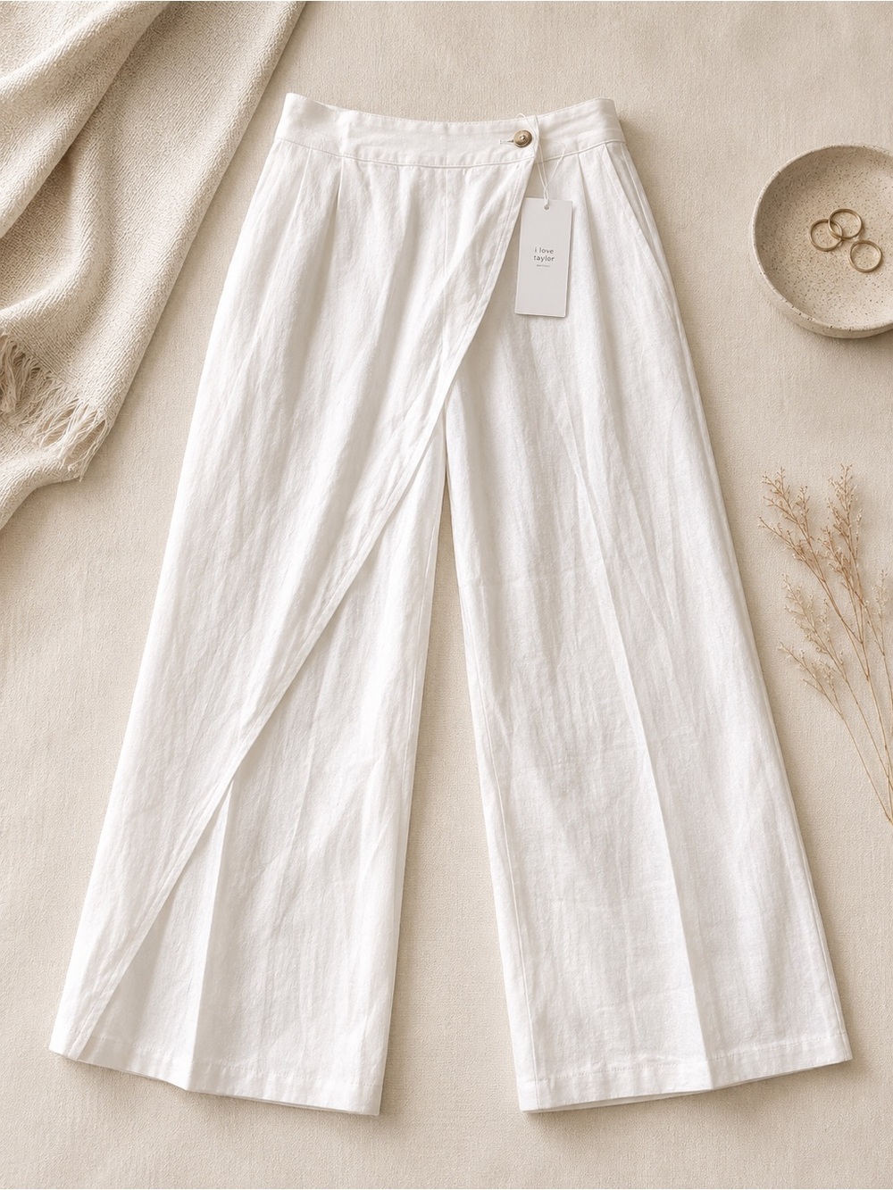 Lightweight White Wide-Leg Wrap Pants